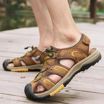 Большие размеры летние мужские кожаные сандалии нескользящие повседневные пляжные туфли модные уличные дышащие сумки обувь 38 чёрный