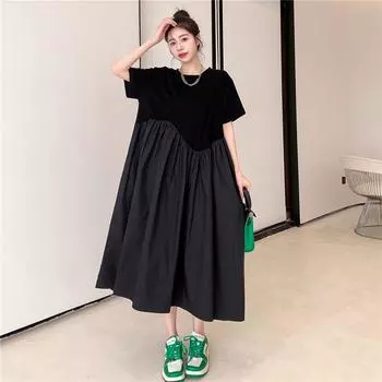 Большие размеры летние плиссированные черные винтажные платья для женщин свободного покроя с коротким рукавом, свободное повседневное длинное платье корейская одежда L чёрный