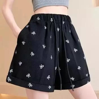 Большие размеры летние свободные брюки с высокой талией, широкие брюки, повседневные шорты в стиле ретро с высокой талией для женщин L чёрный