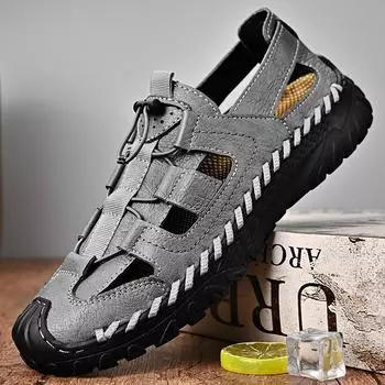 Большие размеры, летняя повседневная обувь ручной работы из коровьей кожи, повседневная обувь для улицы, эластичный пояс, полые дышащие мужские туфли 38 светло-коричневого