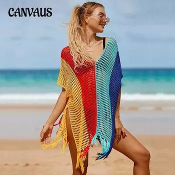 Большие размеры Летняя женская накидка Трикотажная полосатая напечатанная пляжная накидка Сексуальная открытая кисточка для отдыха на море Верхняя солнцезащитная рубашка One Size красный