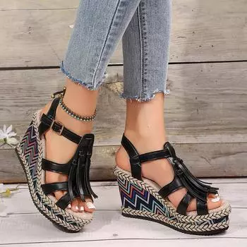 Большие размеры, лето 2024, новые модные босоножки на танкетке с пряжкой в одно слово, женские босоножки на высоком каблуке 36 чёрный