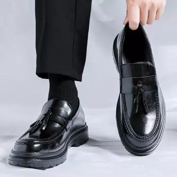 Большие размеры лоферы с бахромой мужские британские туфли на платформе с увеличенным носком, повседневные туфли для парикмахеров из кожи 3502-Y 38 чёрный
