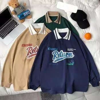 Большие размеры M ~ 3XL, большие толстовки с воротником-поло, свитшот с буквенным принтом, женская уличная осенняя новая свободная универсальная блузка с лацканами, одежда 2021 M синий