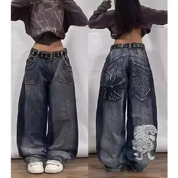 Большие размеры мешковатые джинсы с принтом в стиле ретро, хип-хоп, уличная одежда, спортивные брюки Harajuku, выстиранные прямые брюки XXL темно-синий