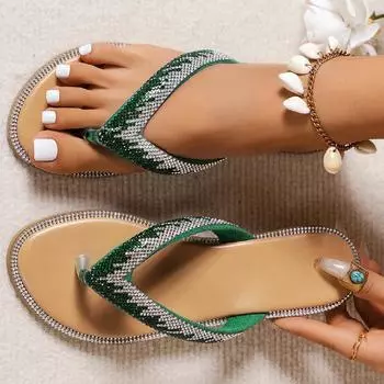 Большие размеры мезонинные тапочки женские летние 2024 женские пляжные шлепанцы со стразами на плоской подошве 36 чёрный