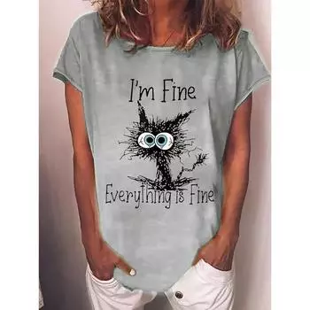 Большие размеры модная женская футболка с принтом кота Kawaii футболки топы с коротким рукавом футболка свободного покроя женская одежда 4XL синий