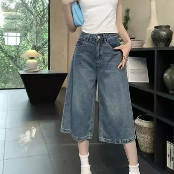 Большие размеры, модные американские винтажные синие джинсовые широкие шорты для полных девушек, женские летние новые свободные повседневные прямые капри 2XL синий