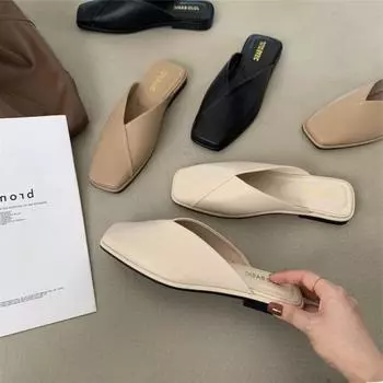 Большие размеры, модные повседневные полутапочки для женщин, новые дизайнерские летние мюли с квадратным носком, женские однотонные туфли на плоской подошве для женщин 34