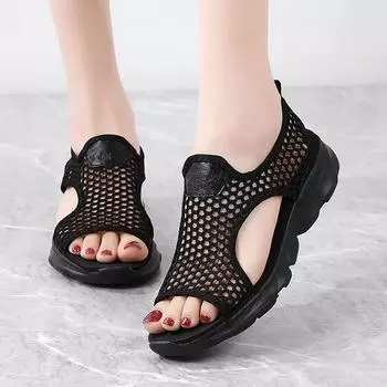 Женские летние модные босоножки на танкетке, сетчатые пляжные, спортивные, повседневные, с открытым носком, на плоской подошве, с мягкой дышащей подошвой, сандалии 42 чёрный