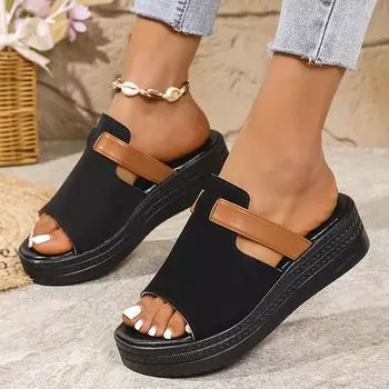Большие размеры, модные женские босоножки на платформе, летние босоножки на танкетке с открытым носком, женские удобные нескользящие пляжные тапочки с толстой подошвой 36 чёрный