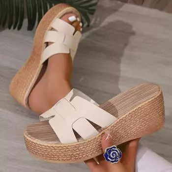 Большие размеры, модные женские тапочки на толстой платформе, летние 2025 г., плетеные босоножки на танкетке, женская толстая подошва, нескользящая пляжная обувь 36 бежевый
