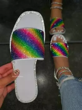 Большие размеры модные женские тапочки радужные стразы блестящие повседневные сандалии пляжные тапочки слайдеры женская летняя обувь 35 белый