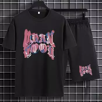 Большие размеры Модный принт с буквами лягушки Повседневный мужской комплект из 2 шт. S