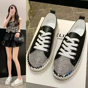 Большие размеры мокасины весна и осень новые туфли на толстой подошве со шнуровкой спереди универсальные туфли со стразами неглубокие одинарные туфли 35 белый