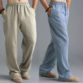 Большие размеры Мужские хлопковые льняные длинные брюки с эластичной талией Свободные прямые брюки Летние дышащие узкие повседневные спортивные брюки S хаки