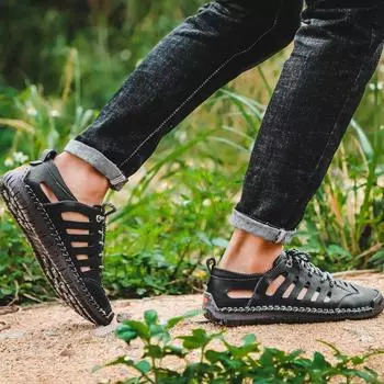 Большие размеры мужские кожаные пляжные сандалии для отдыха на природе 2024 года, летняя мужская обувь ручной работы, мужская дышащая повседневная обувь, прогулочные сандалии 38 коричневый