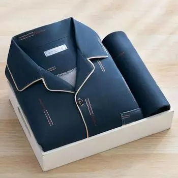 Большие размеры Мужские пижамы Осень и зима Простая одежда для сна Домашняя одежда Кардиган Клетчатые топы и брюки на пуговицах Ночная одежда Домашняя одежда 2XL синий