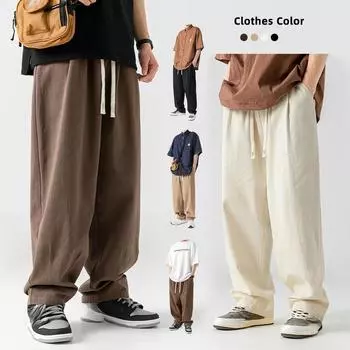 Большие размеры, мужские повседневные брюки в японском стиле на весну и осень, драпированные хлопковые брюки, винтажные длинные брюки с двойной складкой и шнурком M