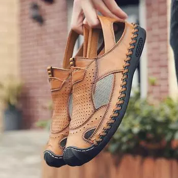 Большие размеры мужские сандалии с открытым носком, летние дышащие кожаные сшитые туфли для отдыха на море, пляжная обувь 38