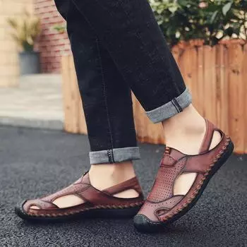 Большие размеры мужские сандалии с сумкой на голову полые летние дышащие кожаные сшитые туфли для отдыха на море дорожная обувь 38