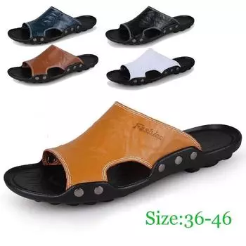 Большие размеры мужские тапочки летняя мода натуральная кожа повседневные шлепанцы уличная мода пляжная обувь черные сандалии из коровьей кожи 36 чёрный