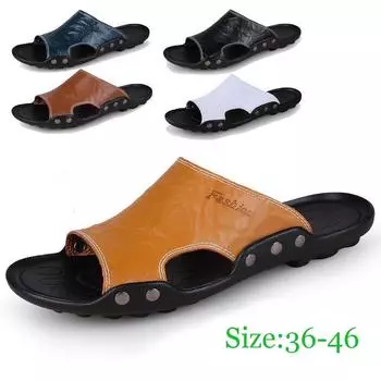 Большие размеры мужские тапочки летняя мода натуральная кожа повседневные шлепанцы уличная мода пляжная обувь черные сандалии из коровьей кожи 36 чёрный