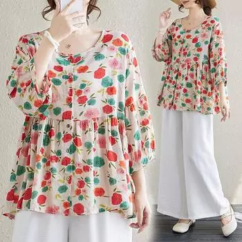 Большие размеры Новая летняя блузка льняная модная рубашка женская рубашка с коротким рукавом повседневные цветочные свободные топы футболки L красный