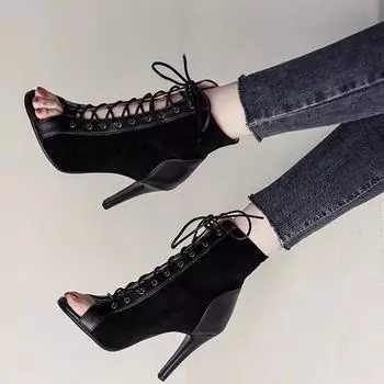 Большие размеры, новые модные женские туфли с перекрестными ремешками из черной замши на высоком каблуке 35 чёрный