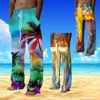 Большие размеры Новые мужские модные уличные повседневные брюки с широкими штанинами 3D цифровые пляжные льняные брюки для мужчин S зелёный/синий