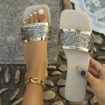 Большие размеры, новые однотонные сандалии с блестками, женская летняя верхняя одежда, модные пляжные женские сандалии и тапочки с квадратным носком и открытым носком на плоской подошве 35 розовый