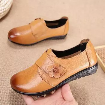 Большие размеры Новые ретро-обувь ручной работы в народном стиле для женщин на плоской подошве из кожи с мягкой подошвой Повседневная обувь для мам Модные туфли-лоферы для работы с медсестрами 4 чёрный