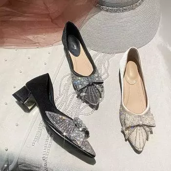 Большие размеры Новые туфли для женщин Туфли-лодочки Весна Лето Туфли с острым носком 5 см Высокие каблуки Вечерние Красивые Туфли-лодочки с жемчугом 35 чёрный