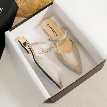 Большие размеры Новые туфли для женщин Современные сандалии для девочек на низком каблуке с острым носком Туфли-лодочки для женщин Летние тапочки Повседневная обувь 35 чёрный