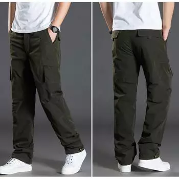 Большие размеры Новые зимние мужские брюки утолщенные флисовые спортивные брюки многокарманные свободные мужские повседневные теплые спортивные штаны комбинезон XL чёрный