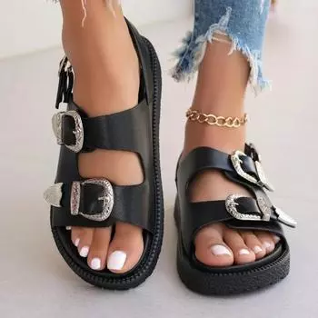 Большие размеры обуви женские с открытым носком женские сандалии на платформе повседневные сандалии женские с круглым носком пряжка ремешок средний каблук женские 35