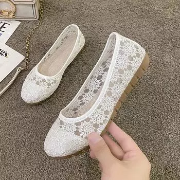 Большие размеры обуви женские туфли на плоской подошве женские туфли на плоской подошве для повседневного использования с кружевом и вышивкой круглый носок мягкая подошва женская обувь 35