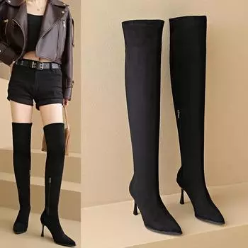 Большие размеры обуви женские зимние 2024 сексуальные женские сапоги выше колена на шпильке стильные заостренные черные эластичные сапоги Zapatos De Mujer 35 чёрный
