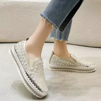 Большие размеры одинарных туфель 2024 года, осень, новые студенческие туфли со стразами и заклепками на толстой подошве с одной педалью 35 белый