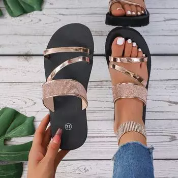 Большие размеры, одно слово, крутые тапочки, женские модные, со стразами, для улицы, летние, дышащие, со стразами, повседневные сандалии 36 серебряный