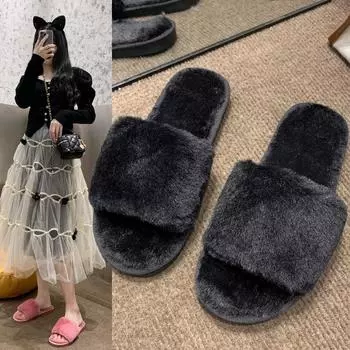 Большие размеры, одно слово, мохнатые тапочки для женщин, зимние, плюшевые, для дома, плоские, для пола, с открытым носком, теплая, хлопковая швабра 36-37 белый