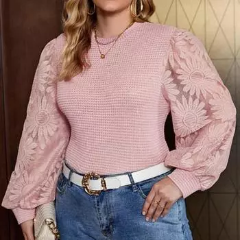 Большие размеры, однотонная блузка с круглым вырезом, вафельная вязка, женская осенняя элегантная офисная блузка с фонариком и длинным рукавом, женские топы, блузки L розовый