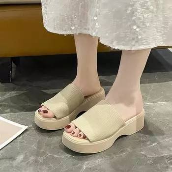 Большие размеры, однотонные, лето 2025, новые, квадратные, модные, женские, универсальные, однотонные, на толстой подошве, тапочки 43 36 розы красного