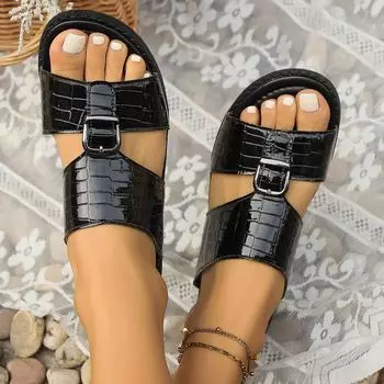 Большие размеры, однотонные туфли с пряжкой и плоским дном, женские пляжные туфли с открытым носком 36 чёрный