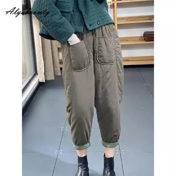 Большие размеры осень-зима женские шаровары с эластичной талией однотонные черные серые брюки цвета хаки женские базовые универсальные ретро-брюки M чёрный