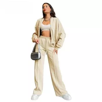 Большие размеры, осенне-зимний женский однотонный кардиган на молнии, толстовка, модный повседневный костюм с прямыми брюками S чёрный