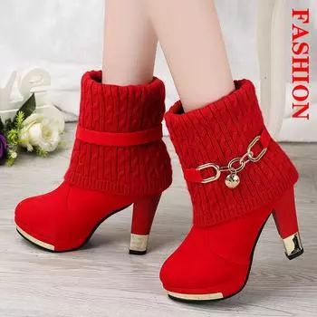 Большие размеры, осенне-зимняя новая модная женская плюшевая термообувь на высоком каблуке 35 красный
