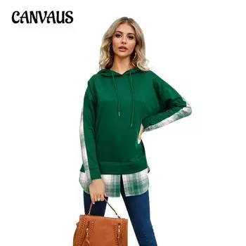 Большие размеры, осенне-зимняя женская толстовка, модная клетчатая толстовка с капюшоном и разрезом, блузка с длинными рукавами S синий