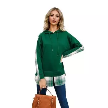 Большие размеры, осенне-зимняя женская толстовка, модная клетчатая толстовка с капюшоном и разрезом, блузка с длинными рукавами S синий