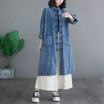 Большие размеры осенние джинсовые куртки пальто повседневные рубашки с длинным рукавом женские свободные синие винтажные женские топы на пуговицах 3XL синий